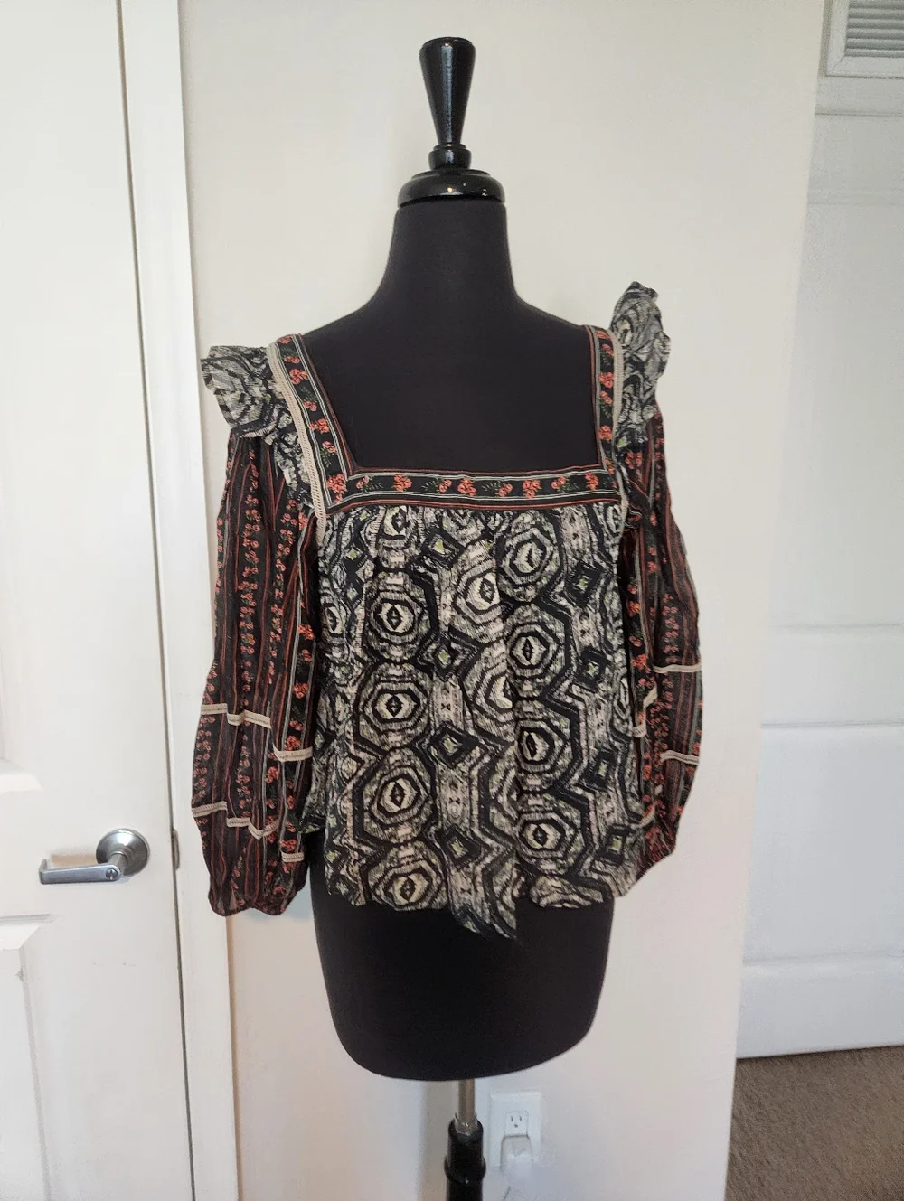 Bohemian Square-Neck Mixed Print Blouse - Black with Rust Accents